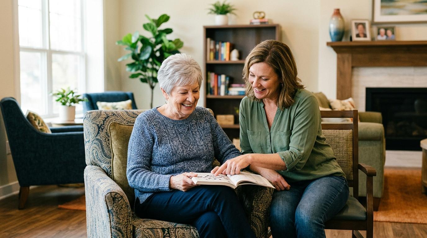 A smiling senior adult and their family member sit together, discussing assisted living options.