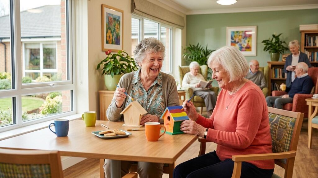 Smiling senior adults relax in a cozy assisted living common area, representing personalized care and comfort at Valora Senior Living.