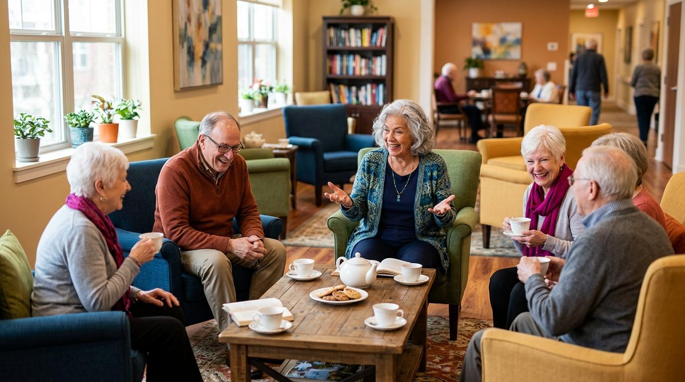Smiling seniors enjoy tea and snacks as they socialize in a bright, welcoming common area of a senior living community.