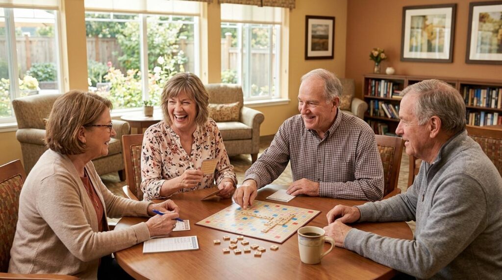 Smiling seniors enjoying a group social activity together, promoting mental wellness and connection at a senior living community.