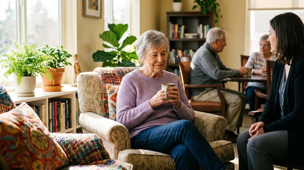 Older adult smiling peacefully during a quiet moment of emotional recovery and reflection at a senior living community.