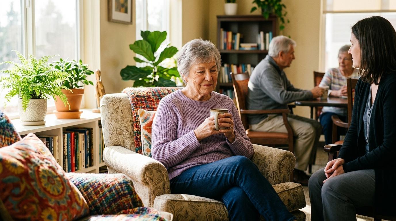 Older adult smiling peacefully during a quiet moment of emotional recovery and reflection at a senior living community.