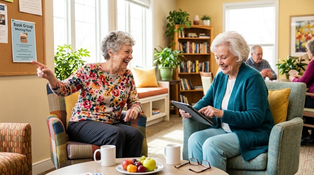 Smiling older adult reviewing independent living options at a bright, welcoming senior living community in St. Anthony.