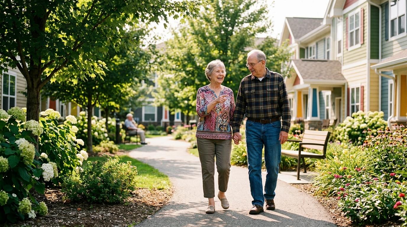 Older adults smile as they walk together through a sunny park.